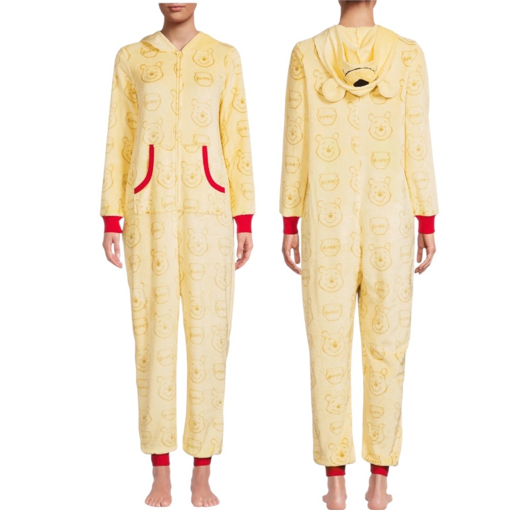 Disney Winnie the Pooh Fleece Hooded One Piece Pajamas Union Suit Yellow XL - Picture 1 of 11